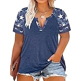 CARCOS Plus Size Tops for Women Short Sleeve Summer Pullover Color Block Crewneck/V Neck Tee Tunic Loose Fit Tshirts XL-5XL