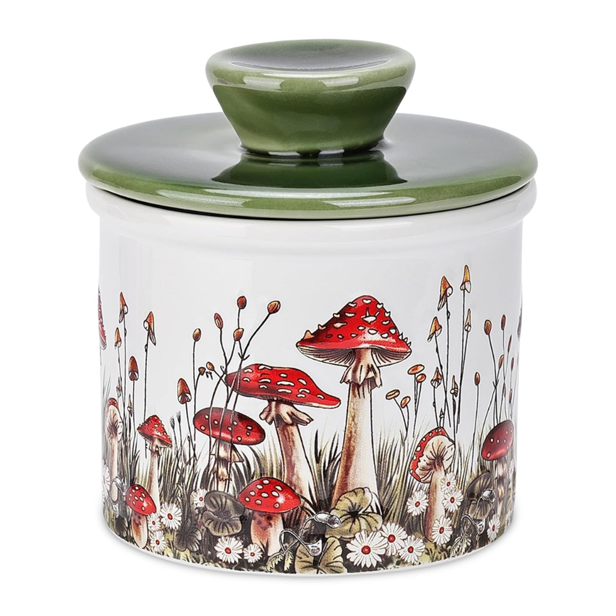 Photo 1 of Fungi Fun Mushroom Butter Crock, Ceramic French Butter Dish with Lid for Countertop, Decorative Mushroom Kitchen Accessories and Kitchen Decor, Airtight Ceramic Container & Keeper White, Red & Green