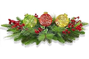 BAYN Christmas Centerpiece Table Decorations, Includes 3 LED Baubles Artificial Red Berries and Pine Cones Xmas Candelabrum for Dinning Room, Table, Fireplace, Mantel Decoration