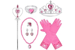 COCOJECI Princess Dress Up Party Accessories for Princess Costume Gloves Tiara Wand Necklace Earrings Bracelet and Ring Gift Set 9pcs (Rose, Set of 7, 9pcs)