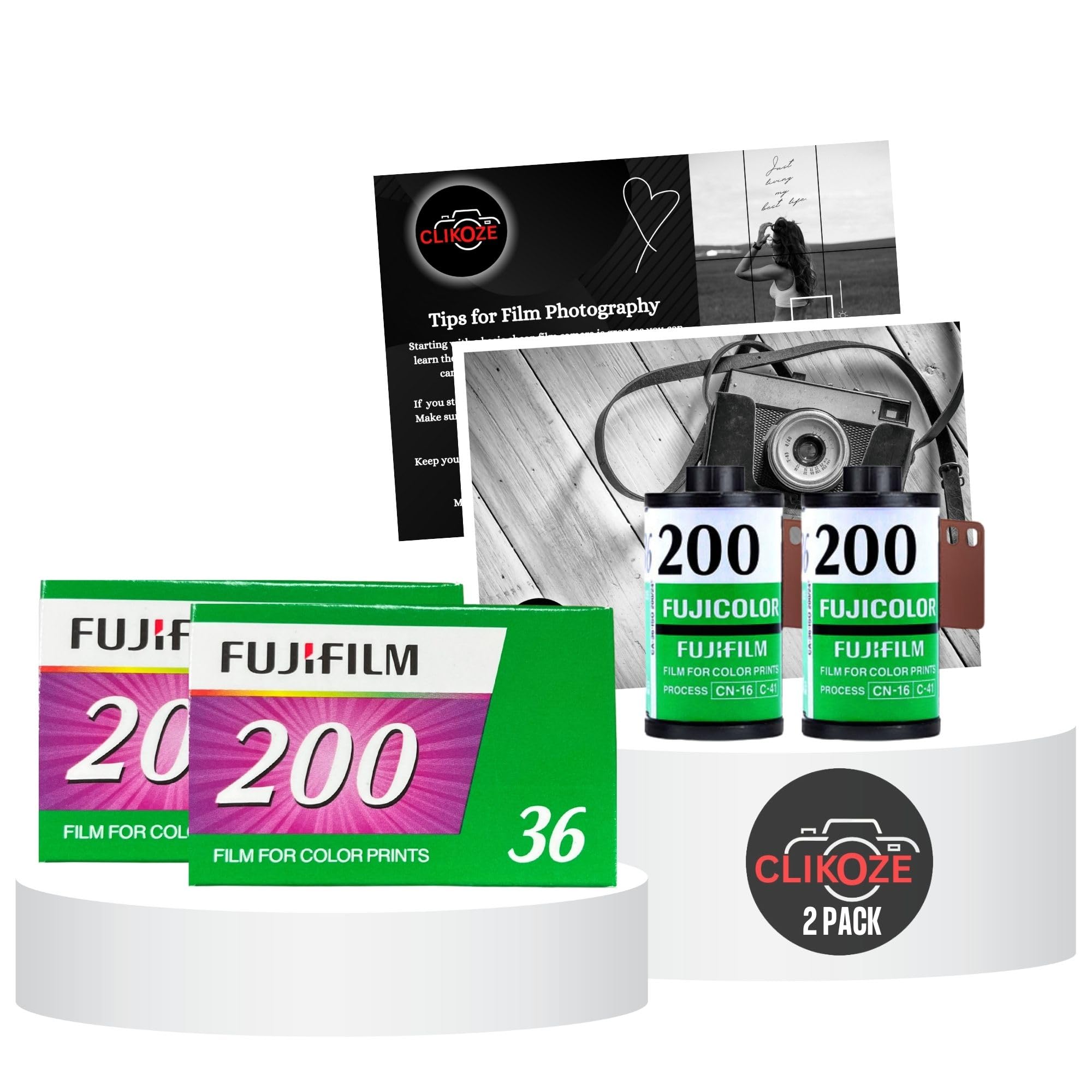 Fujicolor C200 35mm Camera Film Bundle - 36 Exposures x2 With Clikoze Photography Tips Card