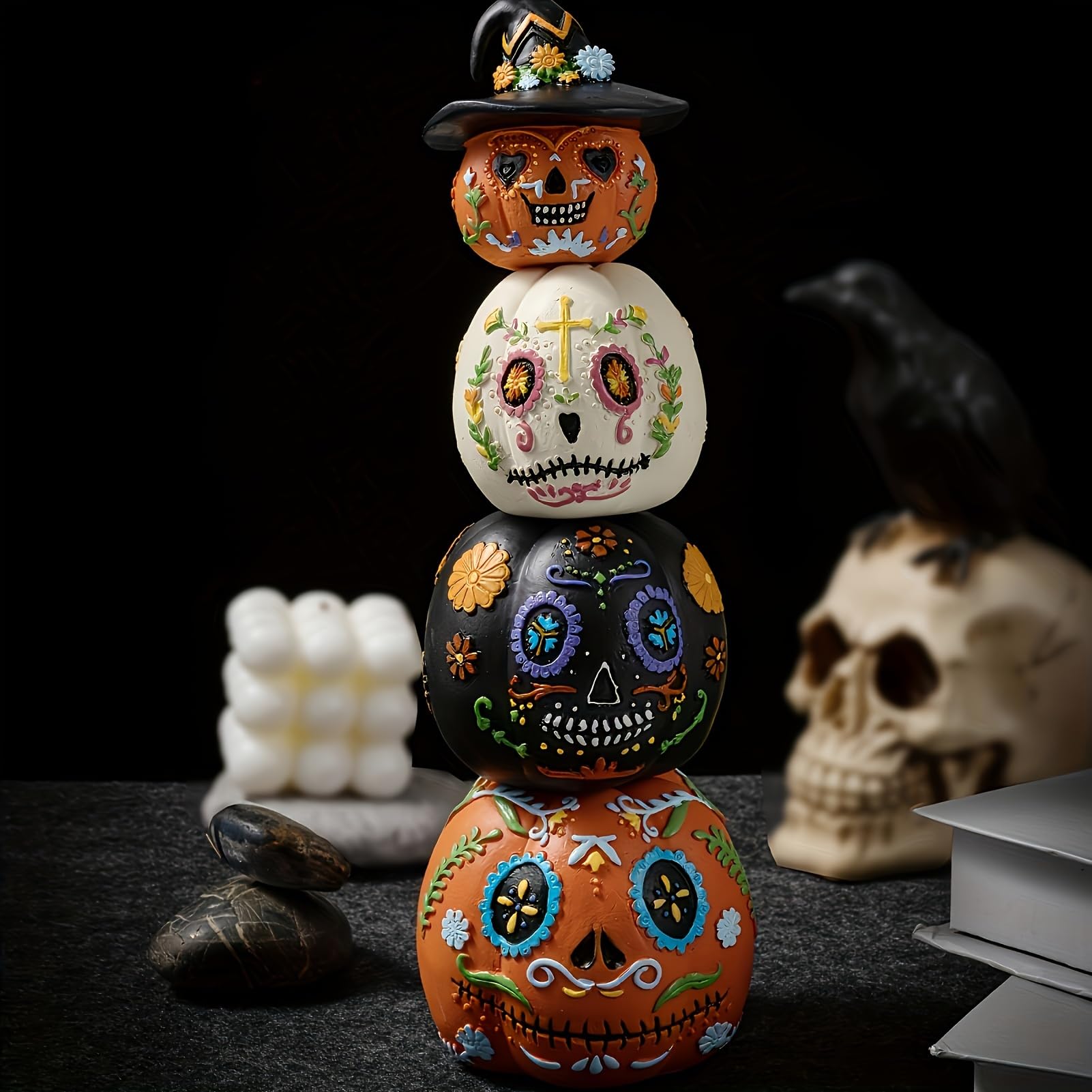 Photo 1 of 4pcs Day of The Dead Pumpkin Figurines, Halloween Pumpkin Table Decorations, Statue Resin, Halloween Holiday Party Supplies, Household Kitchen Table Decorations, Free Combination Between Each Statue