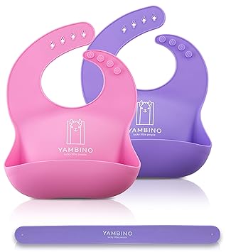 2er Set Babylätzchen mit Haltegurt 30x22cm - BPA-frei weiches Lätzchen Silikon Auffangschale - Kleckerfrei Essen mit Lätzchen Wasserdicht - einfache Reinigung, spülmaschinenfest YAMBINO (Rosa/Lila)