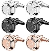 AMITER Mens Cufflinks with Initial A-Z, Classic 26 Letters Cuff Links for Men Business Wedding Shirts - 3 Pairs (Silver + Black + Rose Gold)