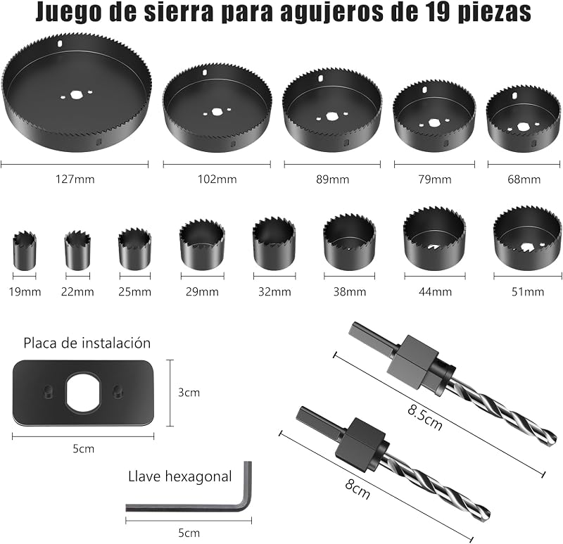 HYCHIKA Corona Perforadoras, 19 piezas Juego de sierras de copa circular con 13 sierras Ø19-127mm, taladro ideal para tableros de madera finos, placas de PVC y plástico
