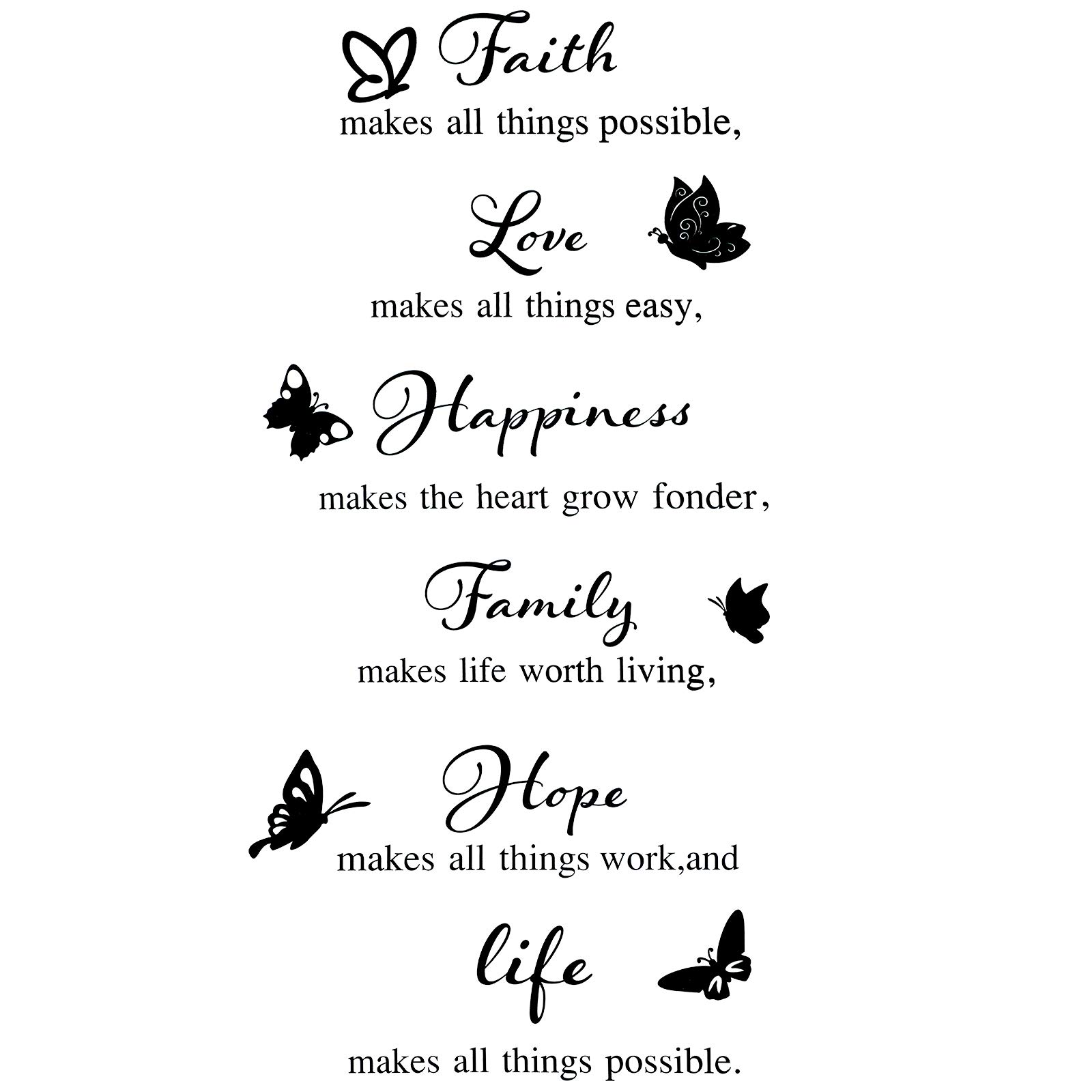 Outus 6 Pieces Vinyl Wall Decals, Faith Makes All Things Possible, Family Wall Quotes Inspirational Decals Stickers, Motivational Quote Sayings Butterfly Stickers Home Decors