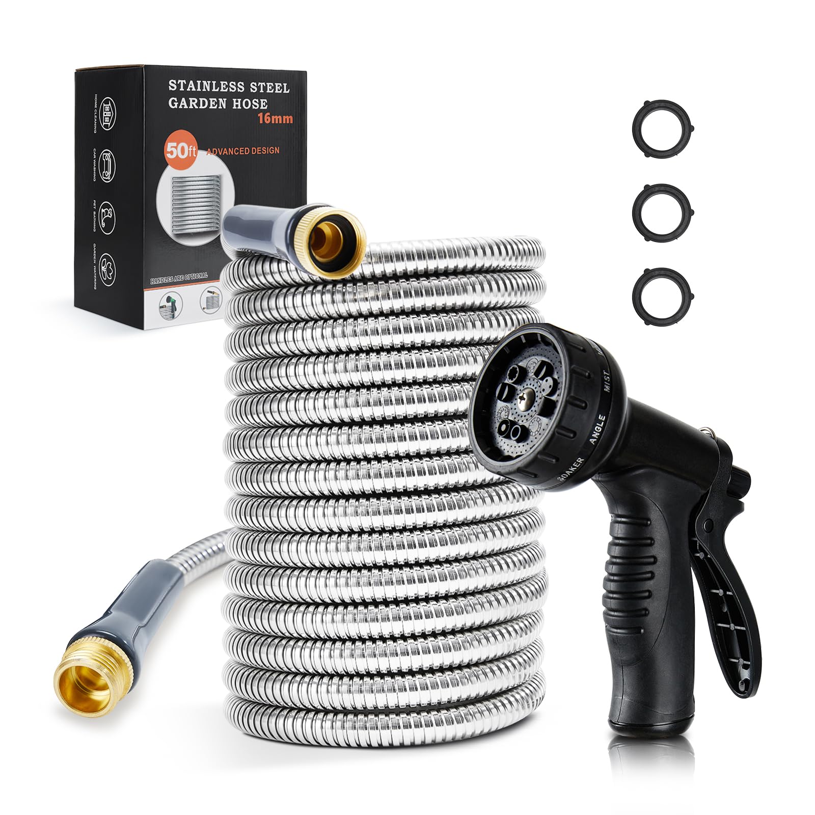 Photo 1 of GrassWind Stainless Steel Garden Hose 50 ft Heavy Duty Metal Water Hoses with 10 Function Water Hose Nozzles for Yard Outdoor