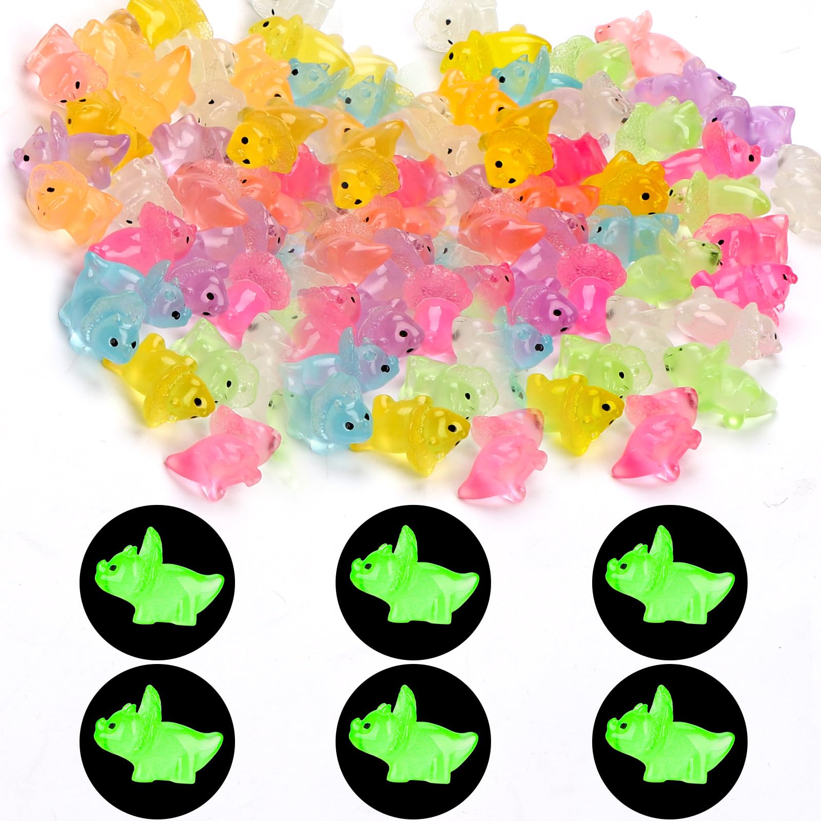 NQEUEPN 64pcs Luminous Mini Dinosaur, Mini Resin Dinosaurs Glow in The Dark Tiny Dinosaur Toys Small Resin Animal Figurines Miniature for Garden Micro Landscape Craft Dollhouse Home Decoration