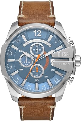Herrenuhr Mega Chief, QuarzChronographenwerk, 51mm Silbernes Edelstahlgehäuse mit Lederarmband, DZ4458