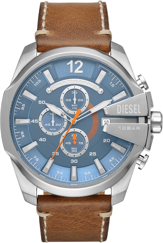 Herrenuhr Mega Chief, QuarzChronographenwerk, 51mm Silbernes Edelstahlgehäuse mit Lederarmband, DZ4458