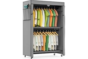 LEHOM G1C Heavy Duty Clothes Rack with Cover, Rolling Garment Rack for Hanging Clothes, Portable Closets with Oxford Fabric Cover, Freestanding Clothing Rack on Wheels, Storage Wardrobe for Bedroom