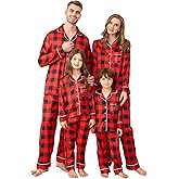 UNICLOUND Matching Family Christmas Pajamas Set, Soft Silk Satin Long Sleeve Button Down Comfy Novelty Xmas Loungewear for Couples, Men, Women (Checkred,Medium)