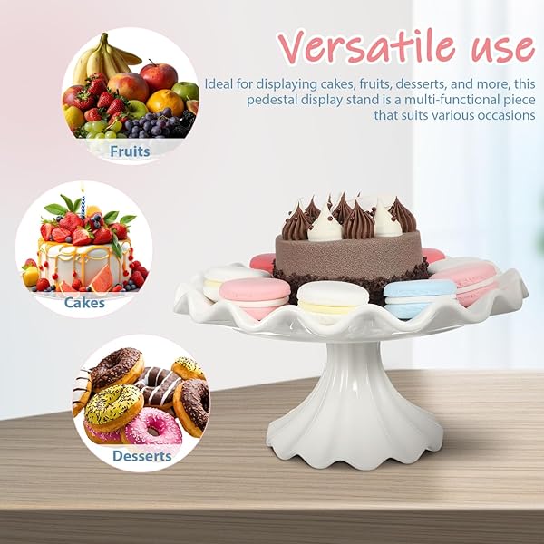 PRETYZOOM CERAMIC CAKE STAND 9.45 INCH WAVY EDGE PEDESTAL CUPCAKE STAND FOR PARTIES WEDDINGS BIRTHDAYS ELEGANT CERAMIC SERVING TRAY DESSERT DISPLAY