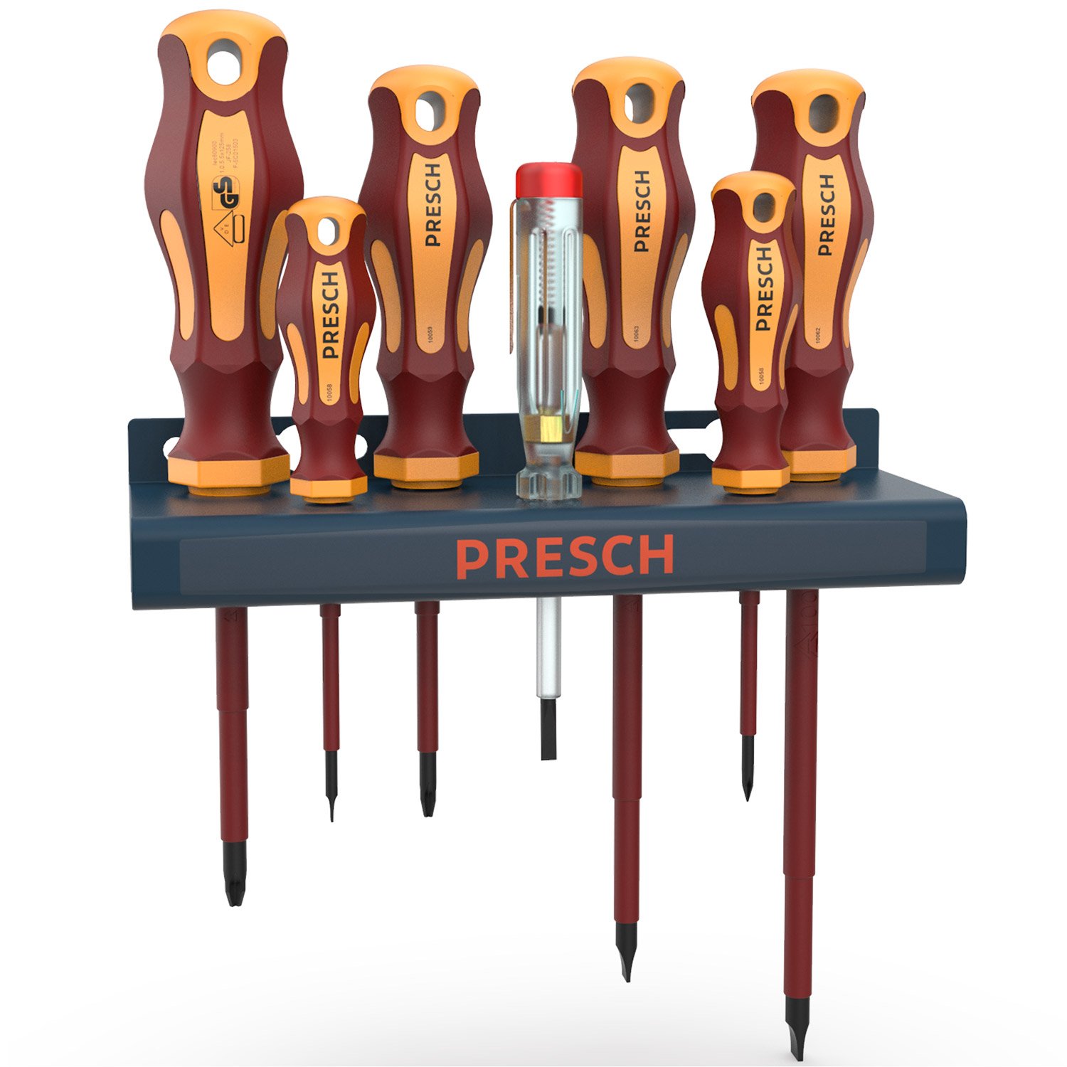 Presch Insulated Screwdriver Sets 7pcs. - VDE Screwdriver Set 1000V with Voltage Tester and Wall Bracket for Electricians