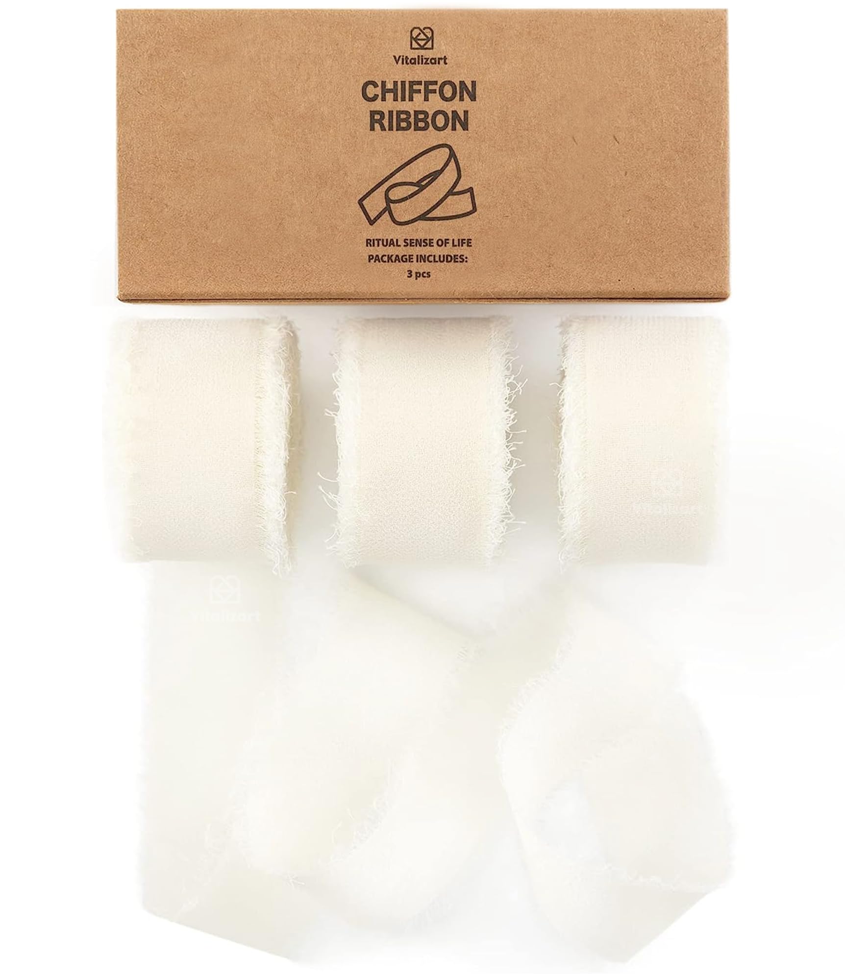 Vitalizart Ivory White Chiffon Silky Ribbon 1" x 21 Yd, Fringe Fabric Ribbon Package (3 Rolls *7 Yd), Cream Chiffon Ribbon for Wedding Invitation, Bridal Bouquet, Decoration, Gift Wrapping, Bow Making