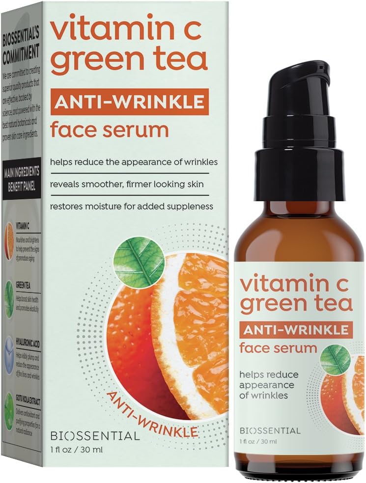 Biossential Vitamin C Natural Green Tea Anti-Wrinkle Face Serum with Hyaluronic Acid and Gotu Kola Extract, Reveals Smoother, Firmer Looking Skin for All Skin Types 1oz / 30ml