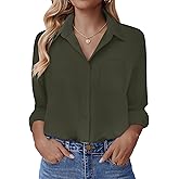 HOTOUCH Button Down Shirt for Women Basic Work Office Drop Shoulder Blouse Casual Loose Long Sleeve Tops with Pocket
