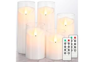 NURADA Flickering Flameless Candles: Acrylic LED Pillar Candles Battery Operated with Remote and Timer Imitation Glass Candle for Home Table Bathroom Decor, Pure White Pack of 5 (D 3"×H 4"5"6"8"8")