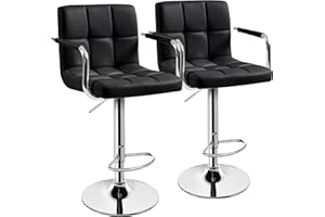 Yaheetech Bar Stools Set of 2, PU Leather Adjustable Swivel Barstools, Hydraulic Kitchen Counter Height Bar Chairs with Armrest and Back for Kitchen, Dining Room, Black