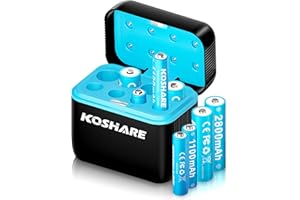 KOSHARE Rechargeable Ni-MH Battery with Charger, 8 Pack 1.2V 2800mAh AA and 1100mAh AAA High Capacity Ni-MH Batteries, Rechargeable up to 800 Times, Pre-Charged (Black+Blue, 4AA4AAA+8Slot Charger)