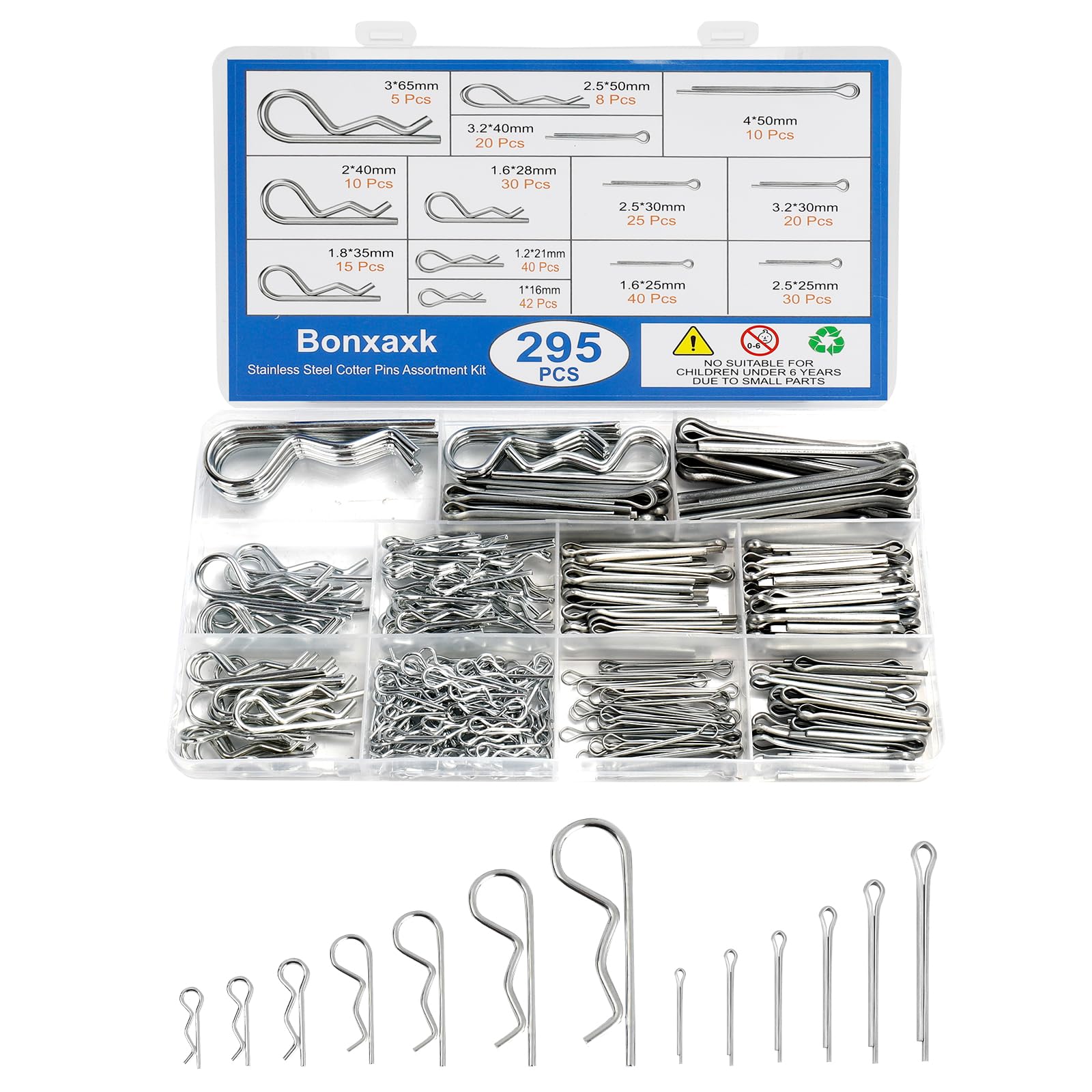 Photo 1 of 295 Piece Cotter Pin Kit, Stainless Steel 13 Sizes Spring Fasteners, R-Clip Hardware Pins, Straight Pins, Hitch Pins for Trailer Lockouts, Trailer Clips, Mowers, Trucks, Mechanic's Choice.