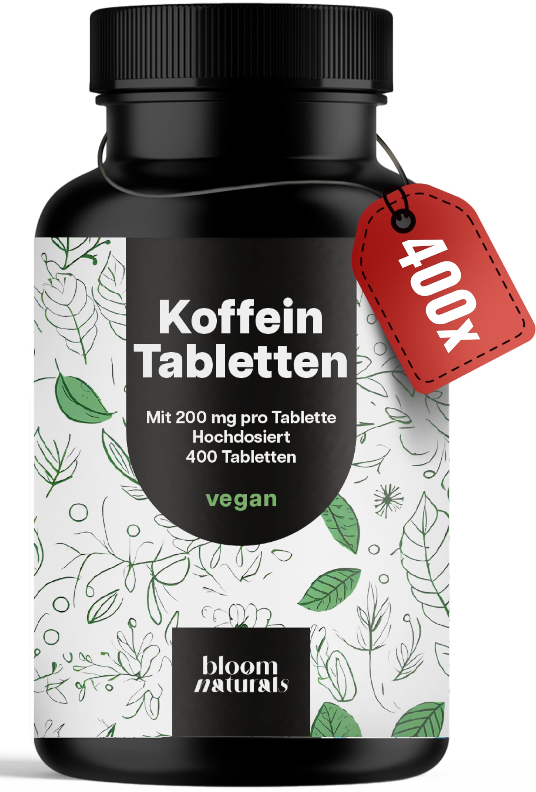 Koffeintabletten hochdosiert – 400 Tabletten – 200 mg Koffein pro Tablette, vegan – Laborgeprüft & produziert in Deutschland - Laborgeprüft - Verpackung kann variieren
