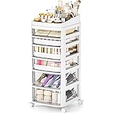 Rolling Cart with 6 Drawers, Clear Plastic Drawer Organizers, Dust Proof Under Desk Storage for Makeup, Skincare, Art Crafts and Baby Items, Acrylic Cosmetic Organizer with Dividers, Vanity Cart