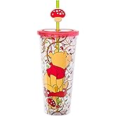 Silver Buffalo Disney Winnie the Pooh Plastic Cold Cup with Lid and Straw Topper, 24 Ounces
