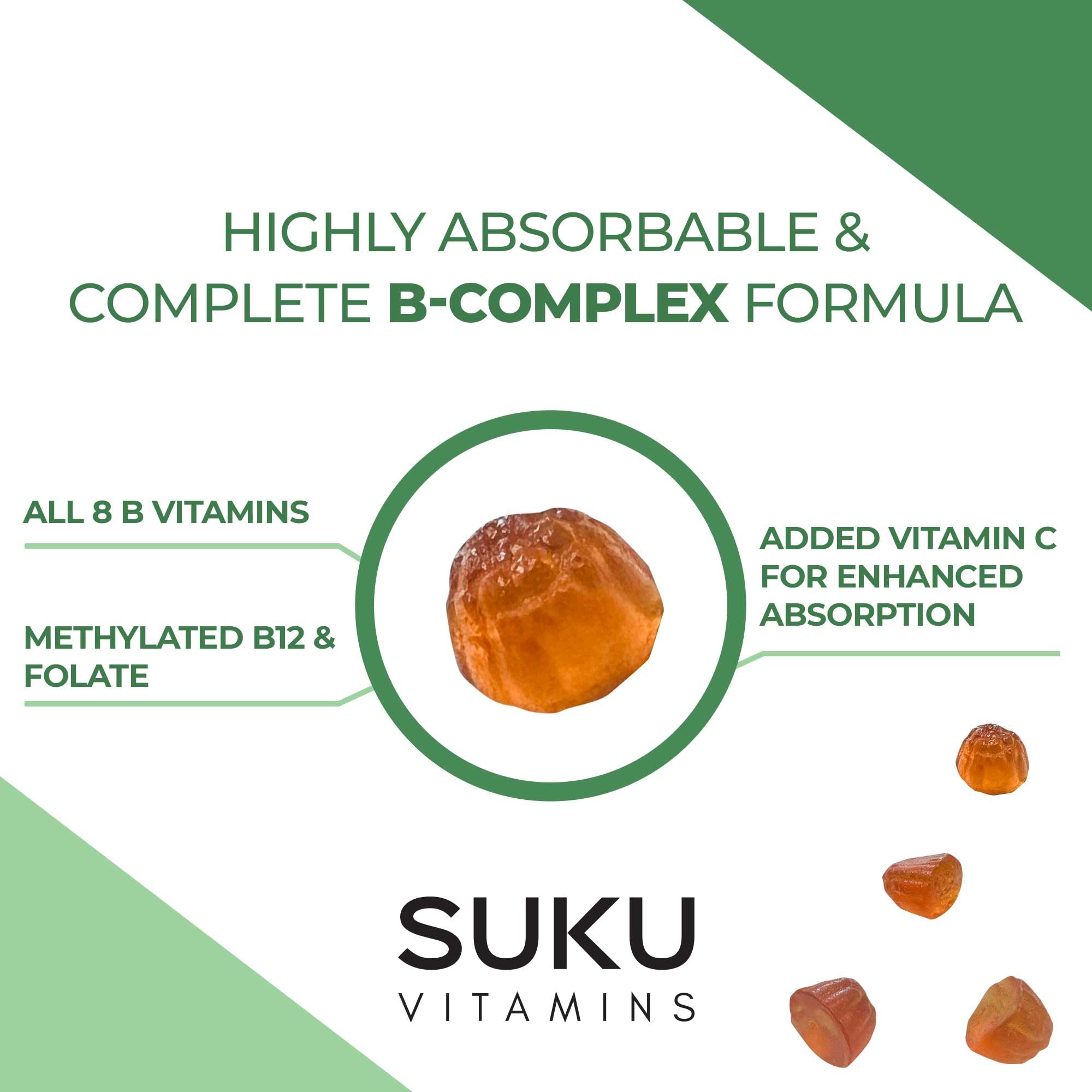 SUKU Vitamin B Complex Gummies with Vitamin C – Sugar Free Vegan 8 B Vitamins Complex Gummy Supplement Increases Cell Development, Improves Metabolism & Collagen Formation, Peach Flavour (50 Gummies)