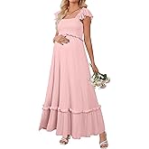 OUGES Womens 2026 Summer Maternity Photoshoot Dress Boho Maxi Smocked Baby Shower Dress Ruffle Sleeve Maternity Clothes