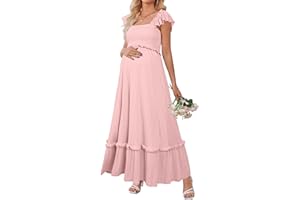 OUGES Womens 2025 Summer Maternity Photoshoot Dress Boho Maxi Smocked Baby Shower Dress Ruffle Sleeve Maternity Clothes