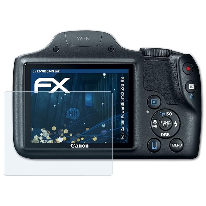 atFoliX Schutzfolie kompatibel mit Canon PowerShot SX530 HS Panzerfolie, ultraklare und stoßdämpfende FX Folie (3X)