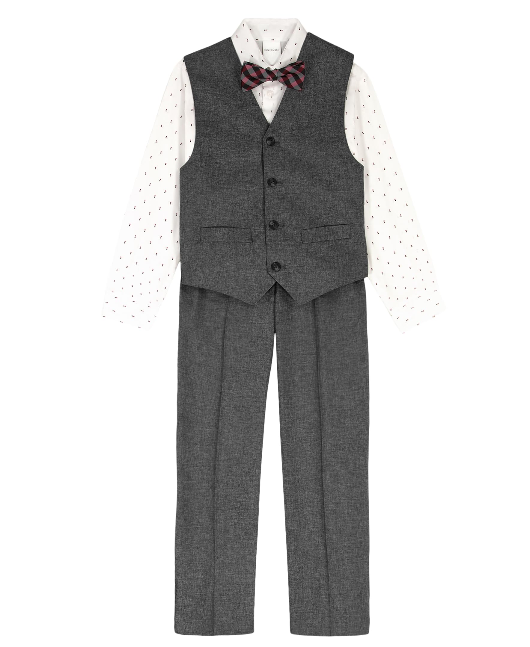 Van Heusen Boys' 4-Piece Formal Suit Set, Vest, Pants, Collared Dress Shirt, and Tie, Dark Grey/Bowtie Image