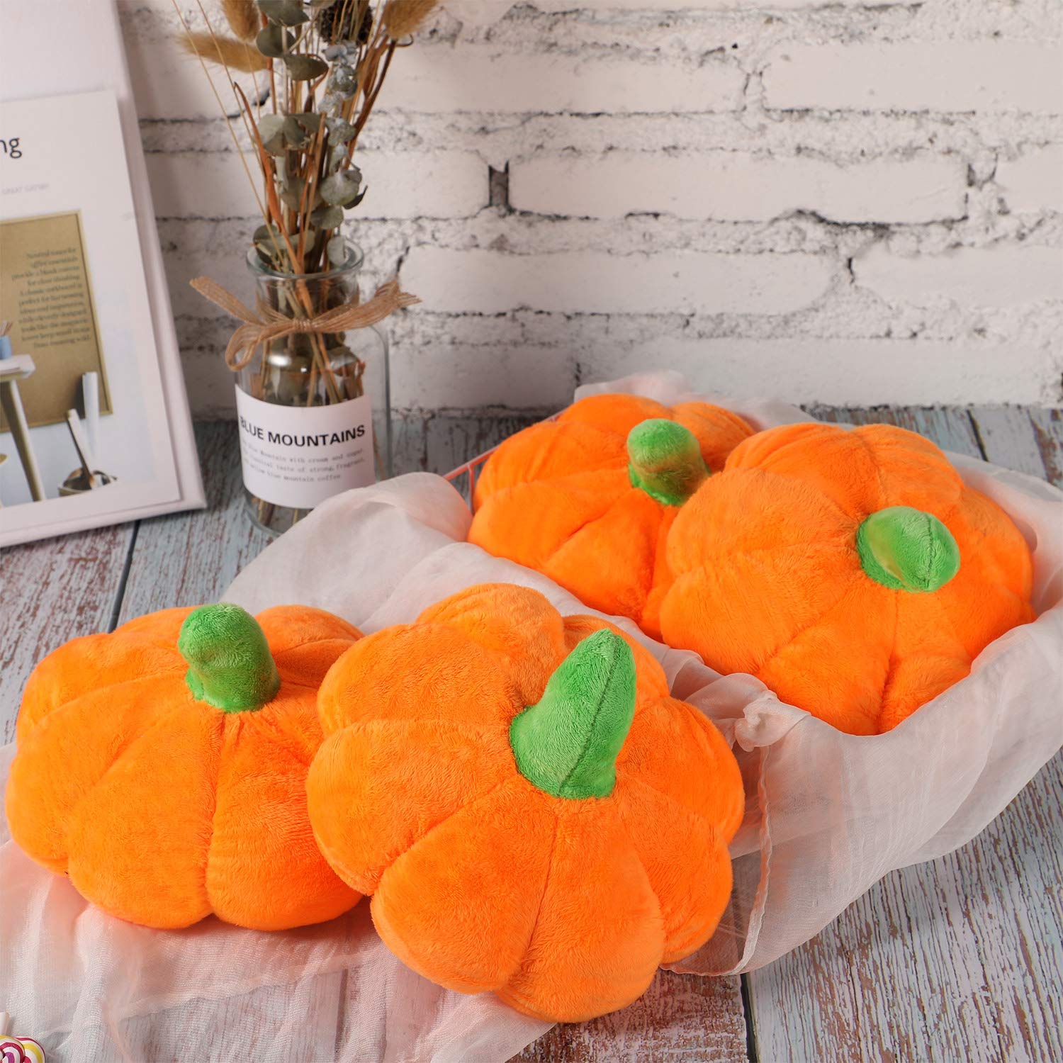 Photo 1 of 4 Pieces Stuffed Pumpkin Fluffy Pumpkin Plush Toy Thanksgiving Halloween Pumpkins Decorative Couch Throw Pillow Pumpkin Toys Gift for Kids Toddlers Babies Orange