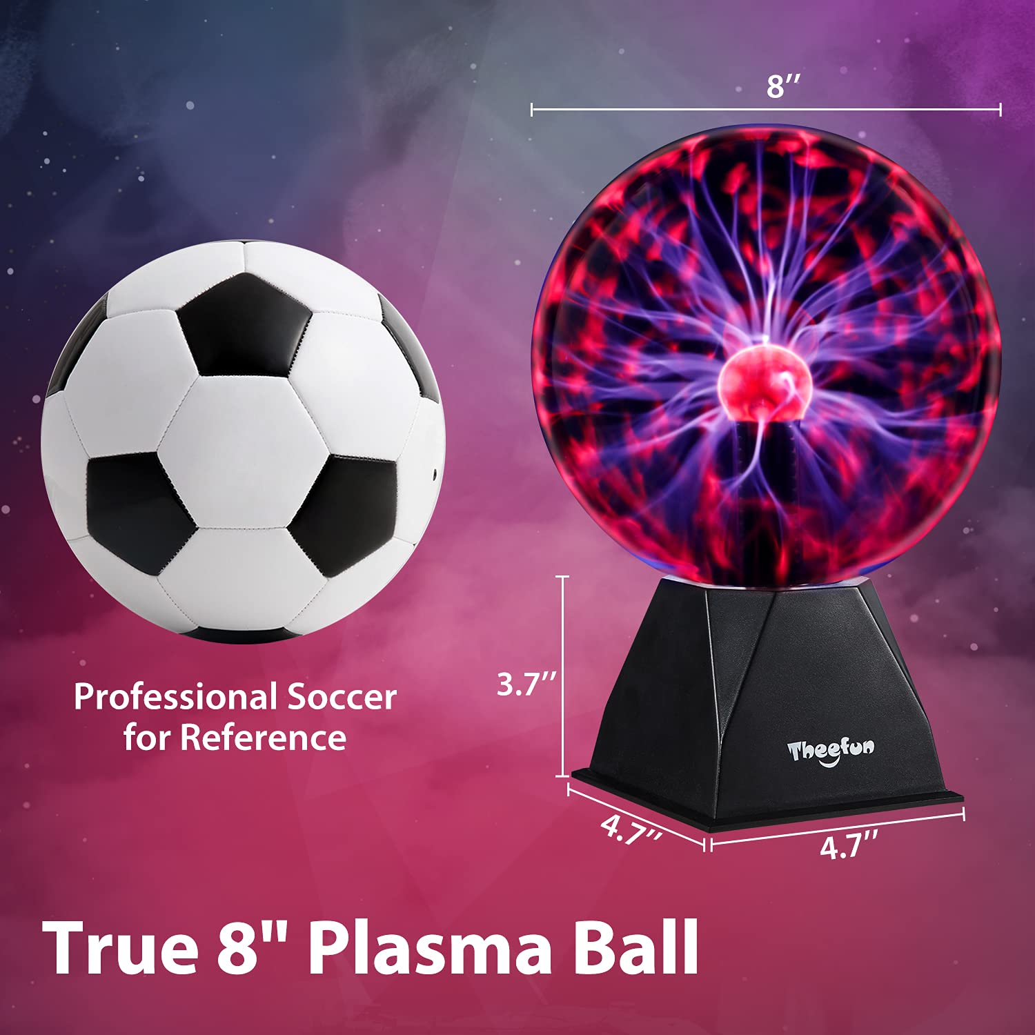 Theefun Plasma Ball: 8 Inch Plasma Globe Touch & Sound Sensitive Ball Lamp Electric Lightning Novelty Light for Parties, Home, Prop, Room Decoration, Christmas Gifts