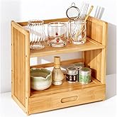 AIEVE Matcha Station Organizer, 2-Tier Bamboo Shelf with Hidden Drawer, Coffee Station Organizer Mug Holder Shelf for Matcha Whisk Set Bowl Cup Scoop Sifter