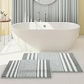 Tindbea Bathroom Rugs Set 2 Piece, Extra Soft and Absorbent Fluffy Striped Chenille Bath Mat Rug Set, Non Slip Bathroom Floor Mat, Machine Washable (20" x 32" Plus 16" x 24", Gray)