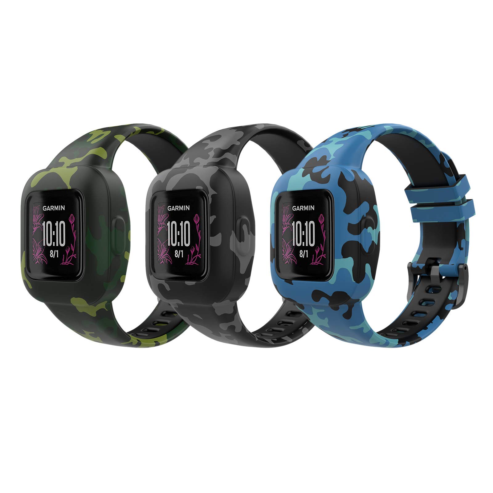 MoKo 3-Pack Strap Compatible with Garmin Vivofit jr. 3 Fitness Tracker for Kids, Soft Silicone Adjustable Replacement Band Wristband Bracelet, Camouflage Blue, Gray & Green
