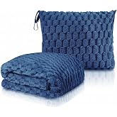 Travel Blanket with Bag, Soft Fleece Portable Airplane Blanket, Navy Blue | Soft fleece travel blanket 50x60in grey. 5-in-1: pillow, lumbar support, shawl, hand warmer. Washable, luggage sleeve, clip.