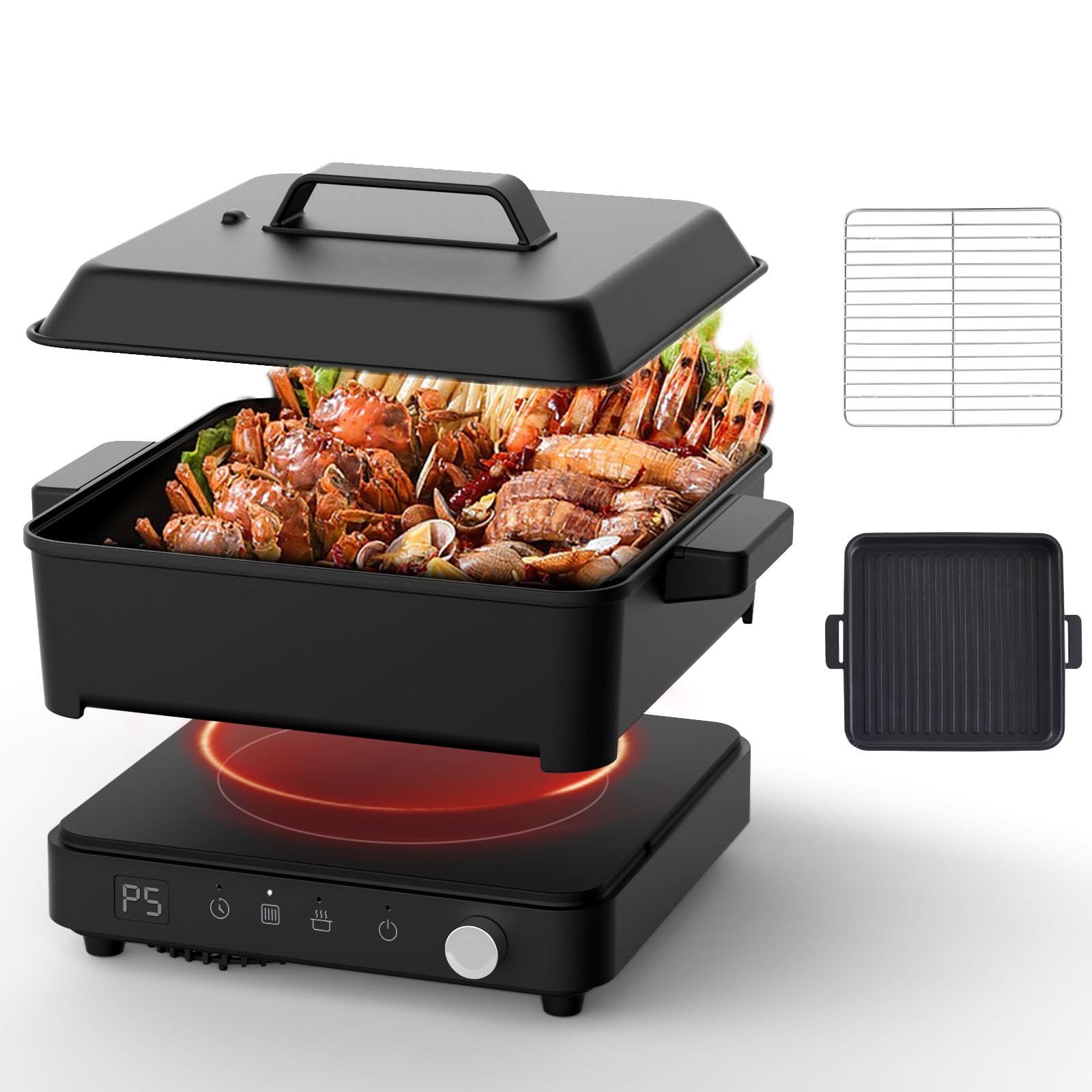 Photo 1 of Olayks Portable Induction Cooktop with Removable Iron Cast Griddle Pan & Pot Non-stick, 1500W induction hot plate with Digital Temperature Control & Time, Great for Family Party