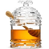 Crystal Bee Honey Jar With Dipper Lid 14Oz Glass Beehive Dish Table Serving | Clear Container For Syrup Jam Jelly Tea Breakfast Countertop Housewarming Hostess Gift Sweetener Storage Kitchen Display Home