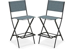 Tangkula Outdoor Barstools Set of 2, Counter Height Folding Bar Chairs with Back and Footrest, Versatile Patio Dining Chairs with Breathable Fabric & Heavy-Duty Metal Frame (2, Bluish-Grey)
