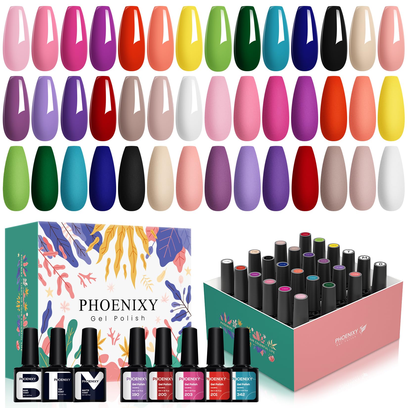 Photo 1 of PHOENIXY 24 PCS Gel Nail Polish, Purple Colors Gel Nail Polish Set with Base Glossy Matte Top Coat Black Red Nail Kit Christmas Gifts for Women (PCB9028)