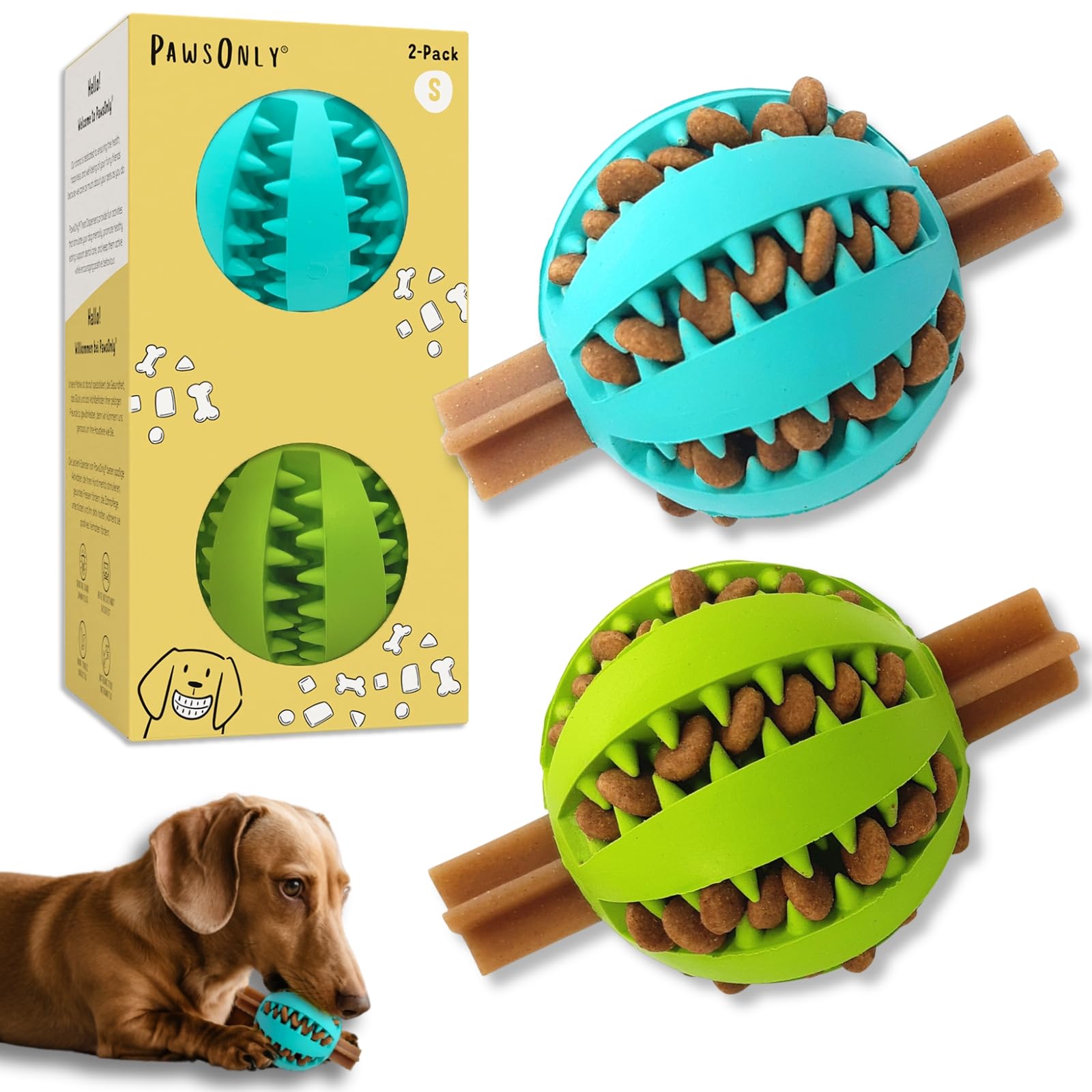 PawsOnly | Dog Treat Ball Dispenser | Interactive Toy for Boredom | Enrichment & Mental Stimulation | Safe Rubber Feeder | Puppy Challenging Activity (Small 6cm/2.35in, BLUE + GREEN, 2 Pack)