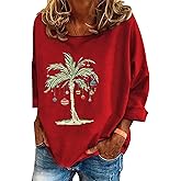 Christmas Palm Tree Shirt Pullover for Women Funny Merry Christmas Xmas Holiday Hawaiian Beach Long Sleeve Shirt Top