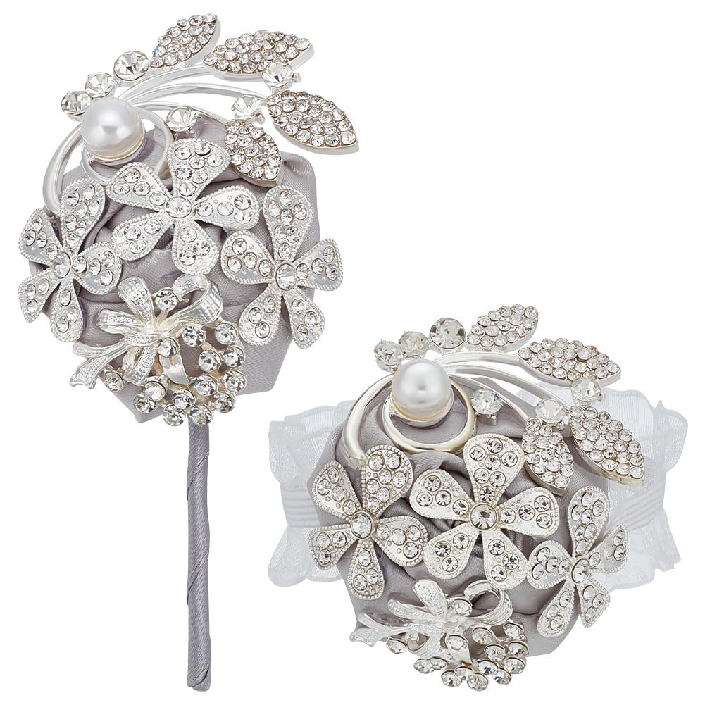 WEBEEDY Rhinestone Corsage Wristlet Diamond Boutonniere Set Wrist for Bride and Corsage for Groom On Wedding, Prom, Party