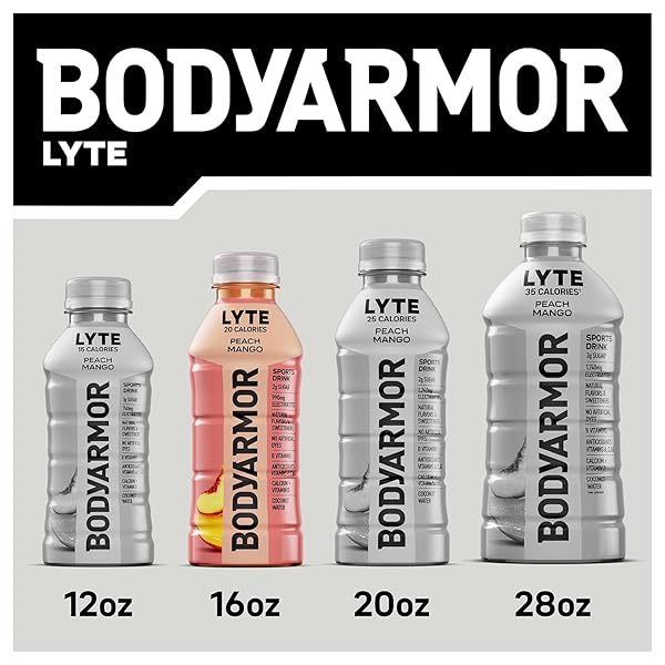 BODYARMOR LYTE SPORTS DRINK LOW-CALORIE SPORTS BEVERAGE, PEACH MANGO, NATURAL FLAVORS WITH VITAMINS, POTASSIUM-PACKED ELECTROLYTES, NO PRESERVATIVES, PERFECT FOR ATHLETES, 16 FL OZ