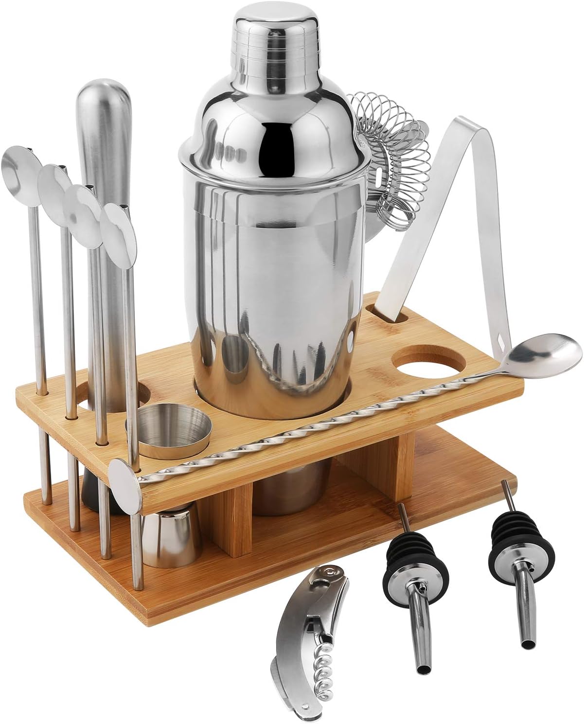 14 Pcs Cocktail Shaker Set Professional Mixology Bartender Kit-Stainless Steel Home Bar Tool Set with Stand: Shaker, jigger,stirrer, muddler, ice tongs, mixing spoon,bottle pourers, wine opener