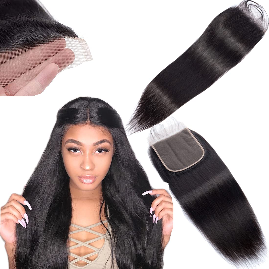 DUAUJUIU Straight Human Hair 4x4 HD Lace Closure Brazilian Hair Human Hair Closure for Black Women Natural Remy Hair Soft Swiss Lace Closure 12 Inch, 1.0 count — image 1