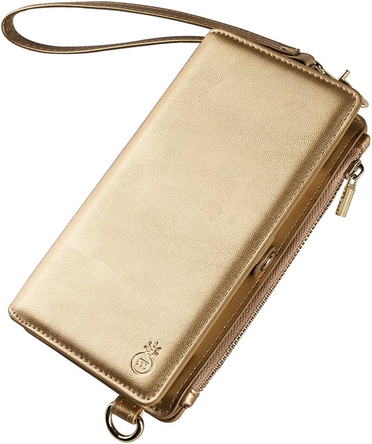 Leather Wallet Phone Case Cover for iPhone X, Zipper Cellphone Carrying Bag for Women,Detachable Slim Phone Case Adjustable Shoulder Strap Small Cell Purse Magnetic Closure Folio Case, Gold